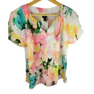 Worthington Multicolor Watercolor Floral Short Sleeve Blouse
